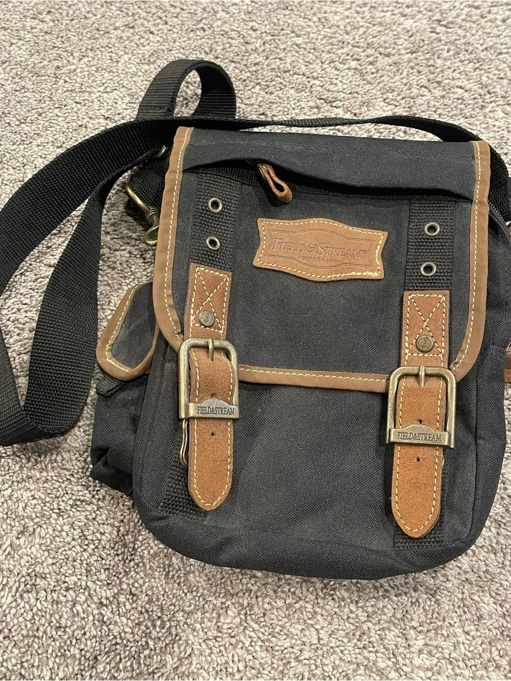 Field & Stream Black Canvas Shoulder Bag Leather Trim Fishing Outdoor Utility